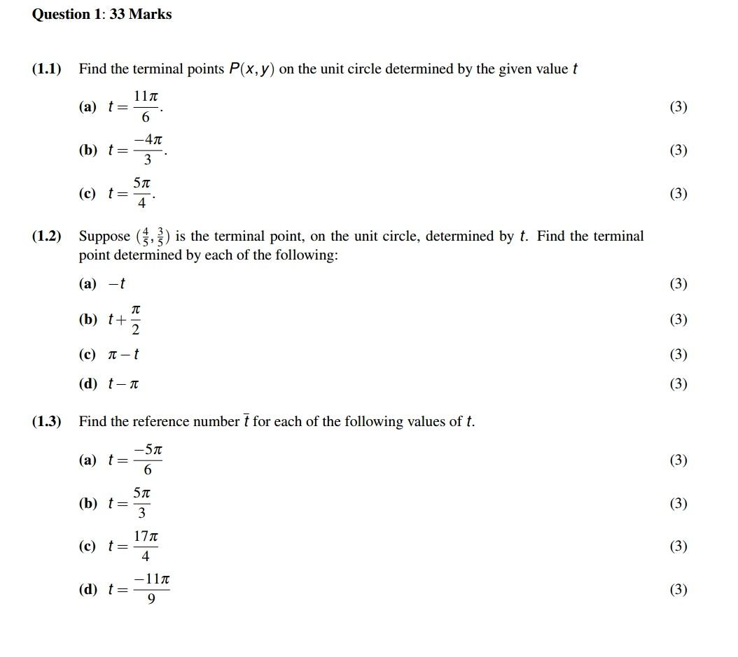 Solved (1.1) Find the terminal points P(x,y) on the unit | Chegg.com