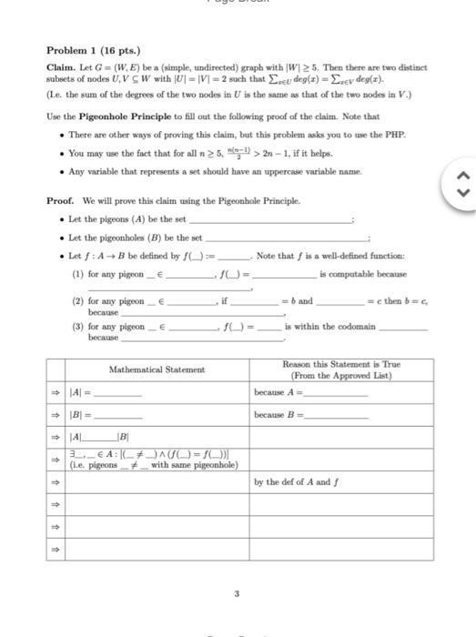 Solved Problem 1 (16 pts.) Claim. Let G=(W,E) be a (simple, | Chegg.com