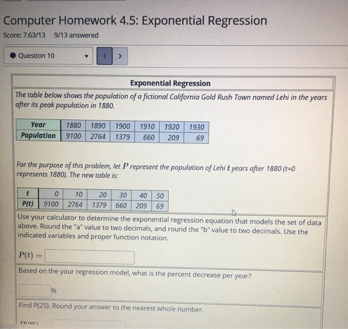 Solved Computer Homework 4.5: Exponential Regression Score: | Chegg.com