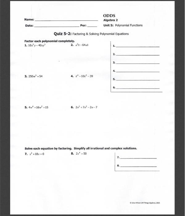 Solved Per Odds Name Algebra 2 Date Unit 5 Polynomial Chegg Com