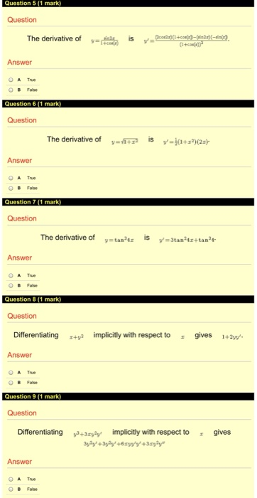 Solved Question 1 (1 mark) Question The derivative of | Chegg.com