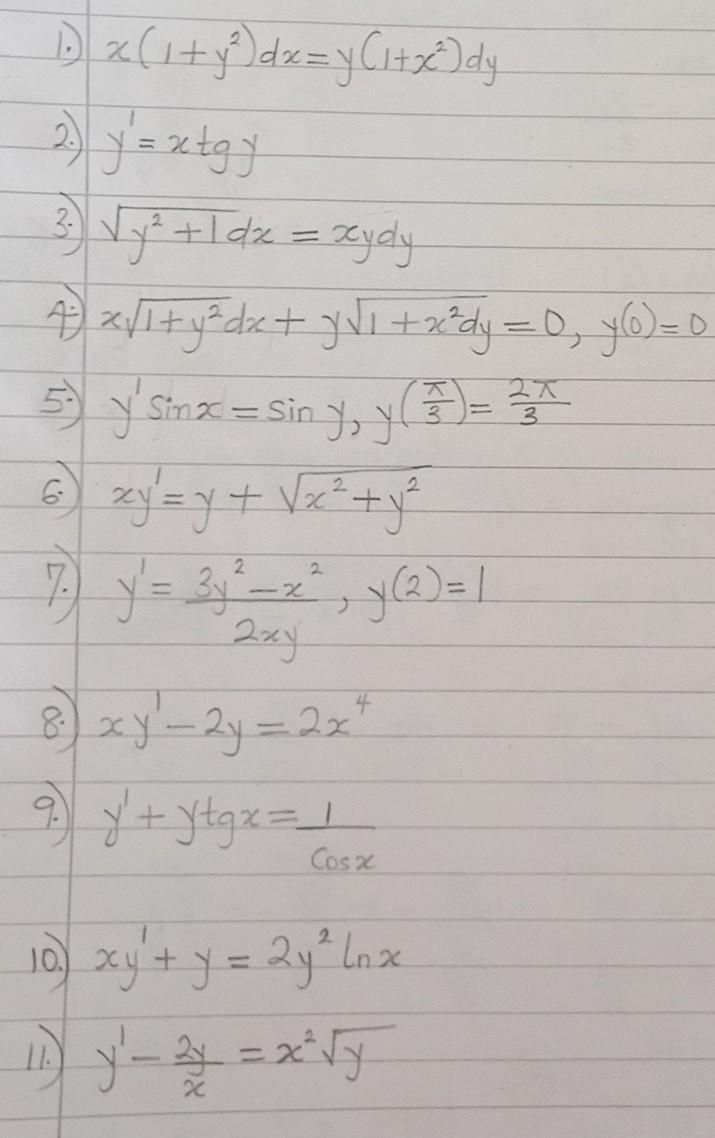 1 ) x ( 1 + y²³) dx = y(1+x²) dy 2) y = x tgj 3.) √y² + 1 dx = xydy 4² x √² + y²³ dx + √ √ ₁ + x²dy = 0, y(o)= 0 27 5 y Sinx