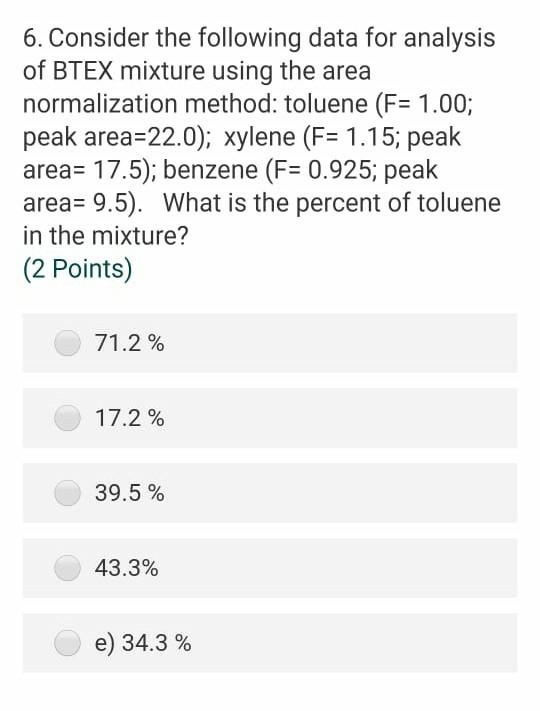 Solved 6. Consider the following data for analysis of BTEX | Chegg.com