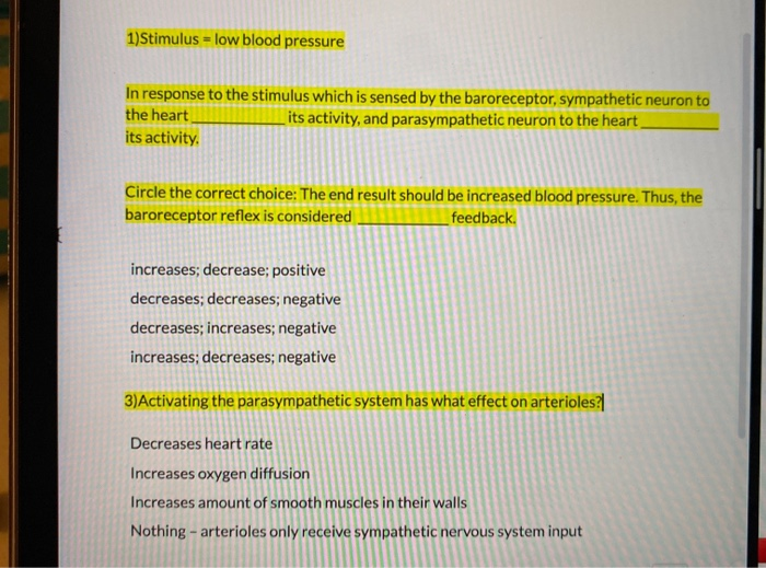 Solved 1)Stimulus = low blood pressure In response to the | Chegg.com