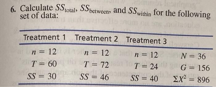 Solved 6. Calculate SStotal, SSbetween, and SSwithin for the | Chegg.com