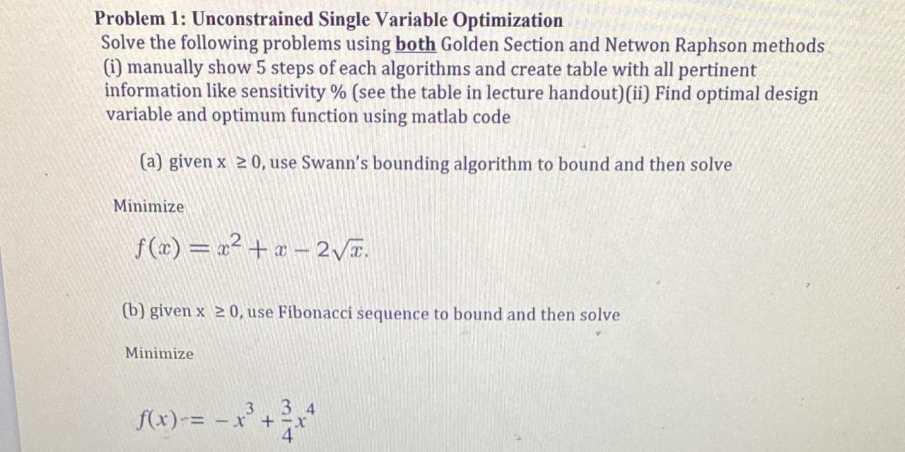 Solved Problem 1: Unconstrained Single Variable Optimization | Chegg.com