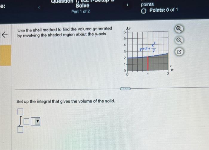 Use the shell method to find the volume generated by revolving the shaded region about the \( y \)-axis.
Set up the integral