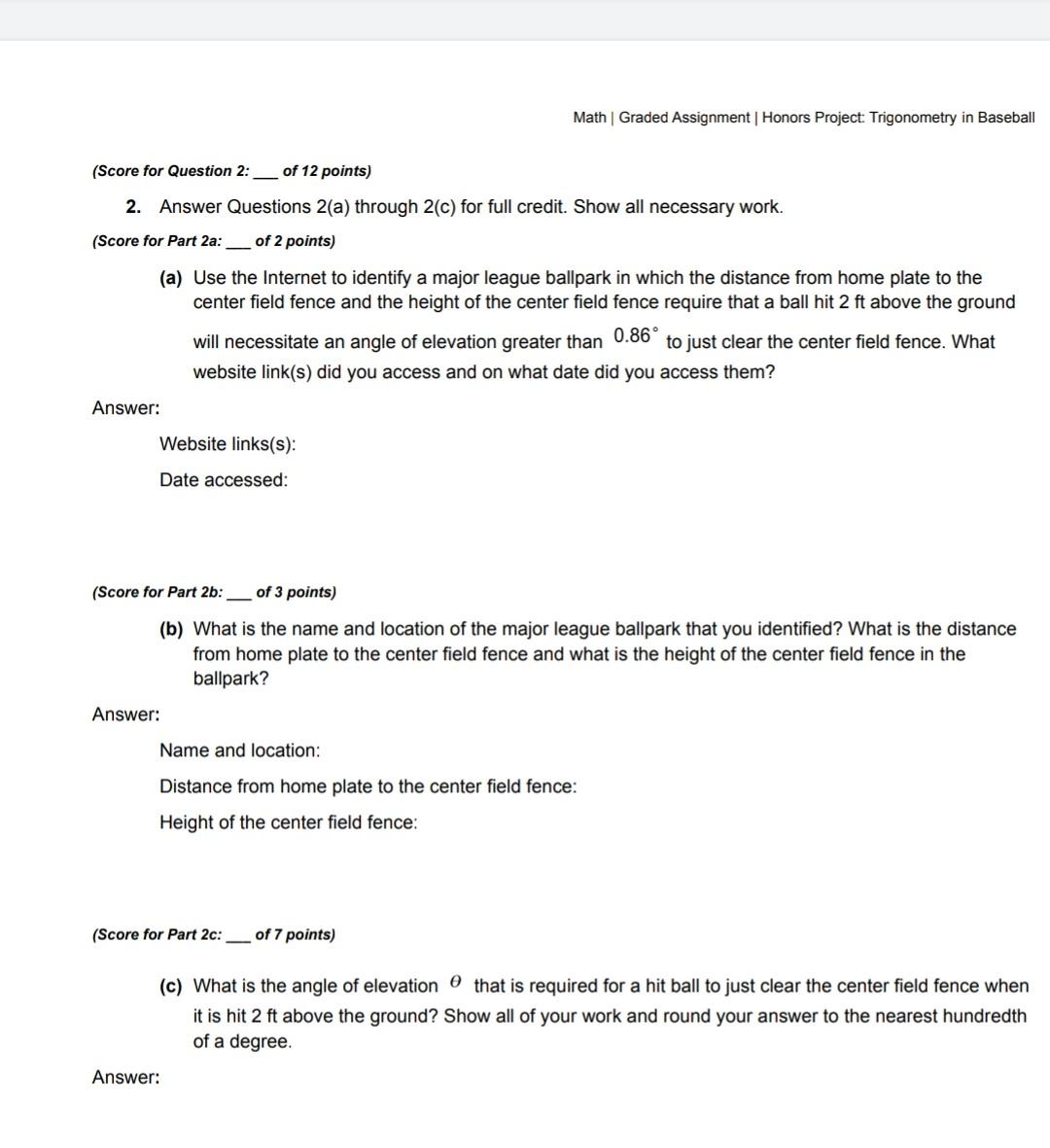 Solved Math Graded Assignment Honors Project Trigonometry