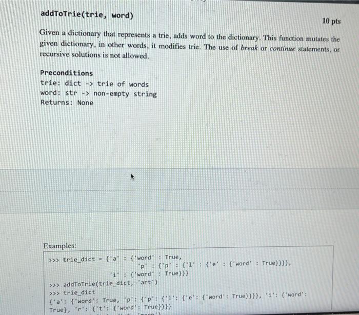 Solved addToTrie(trie, word) 10 pts Given a dictionary that | Chegg.com