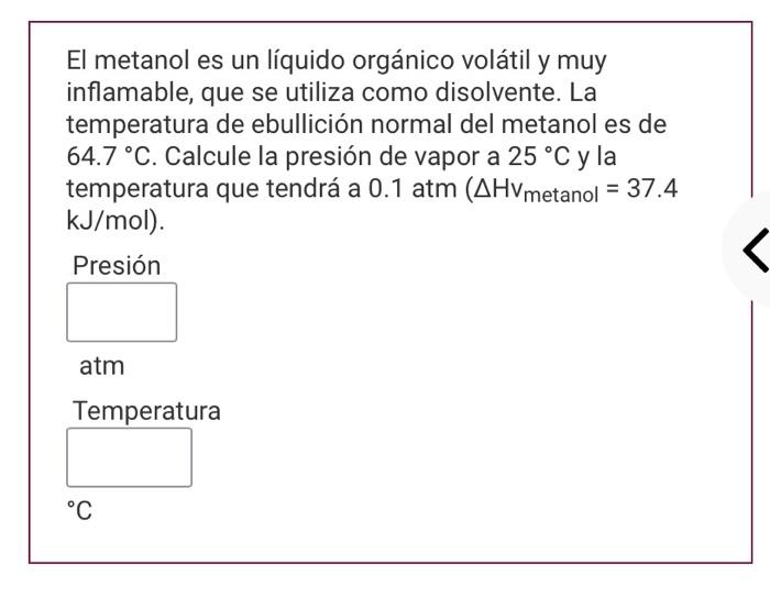 El metanol es un líquido orgánico volátil y muy inflamable, que se utiliza como disolvente. La temperatura de ebullición norm