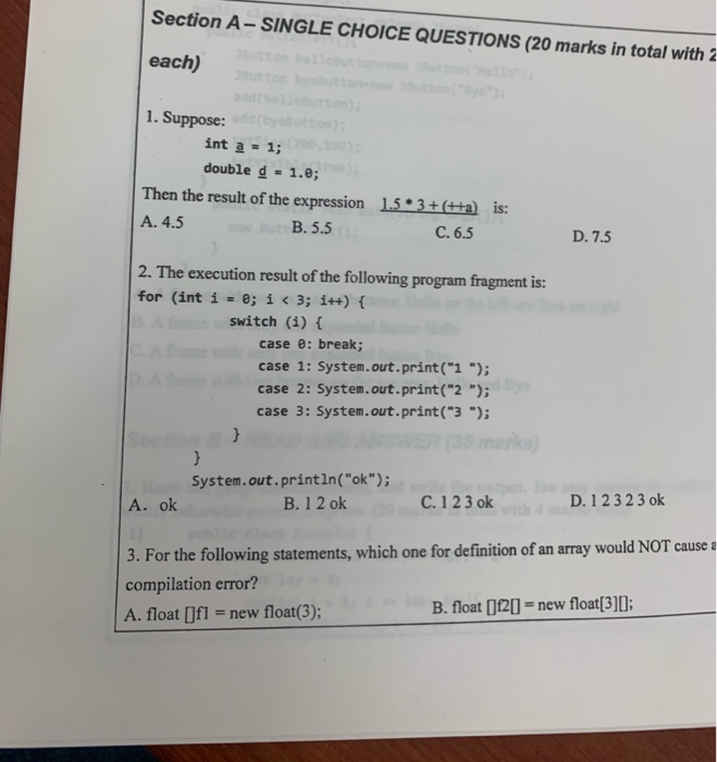 Section A- SINGLE CHOICE QUESTIONS (20 marks in total with 2 3tton helloutton each) Button byeutton ye) ddthelleturton), 1. S