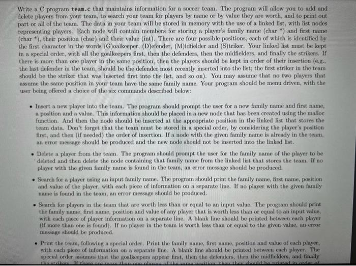 Solved Write a C program team.c that maintains information | Chegg.com