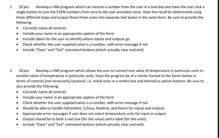 Solved 1. 50 pts. Develop a VBA program which can receive a | Chegg.com