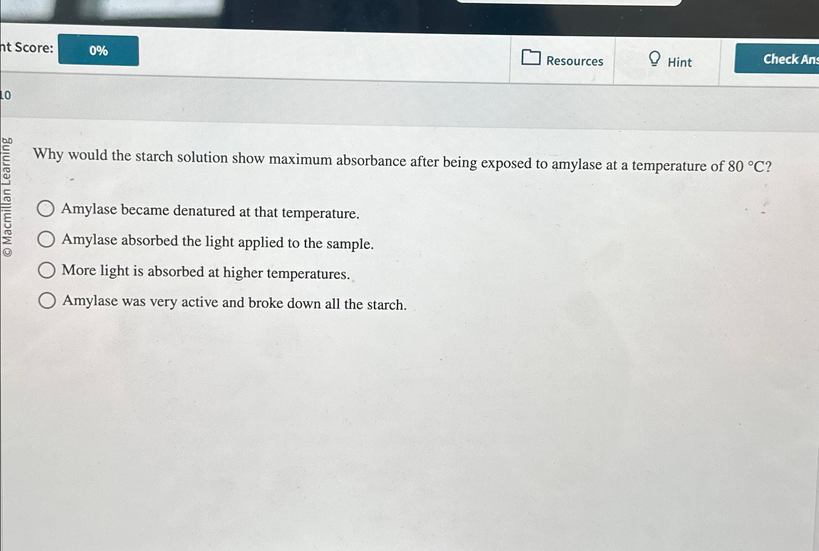 Solved Why would the starch solution show maximum absorbance | Chegg.com