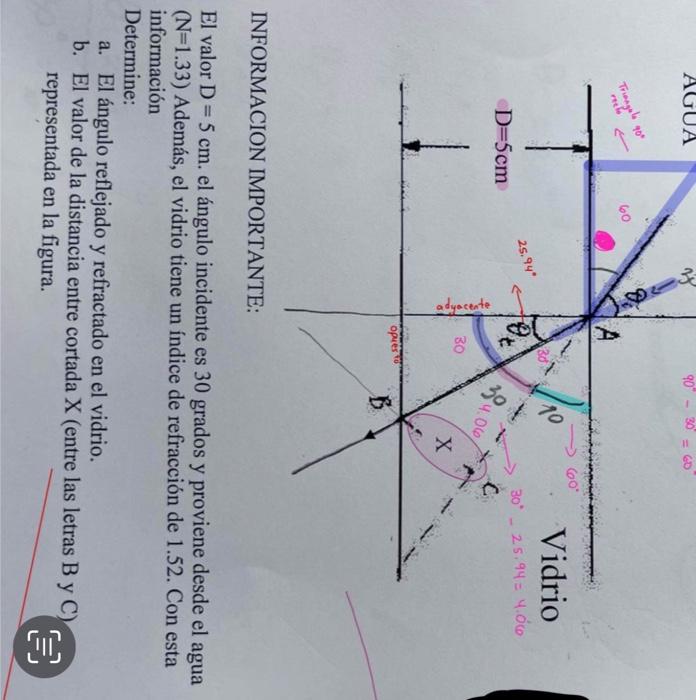 \( \mathrm{El} \) valor \( \mathrm{D}=5 \mathrm{~cm} \). el ángulo incidente es 30 grados y proviene desde el agua \( (\mathr