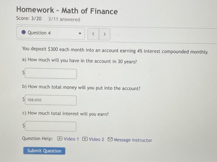 Solved Homework - Math of Finance Score: 3/20 3/11 answered | Chegg.com