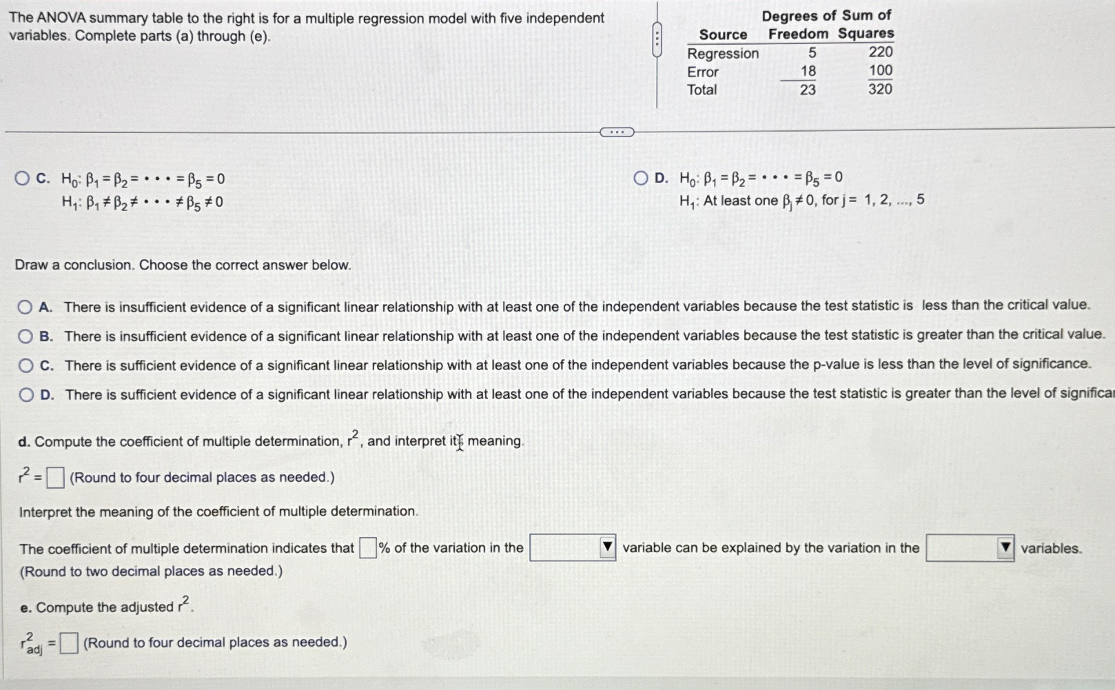 Solved The ANOVA summary table to the right is for a | Chegg.com