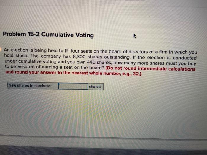 Solved Problem 15-2 Cumulative Voting An election is being | Chegg.com