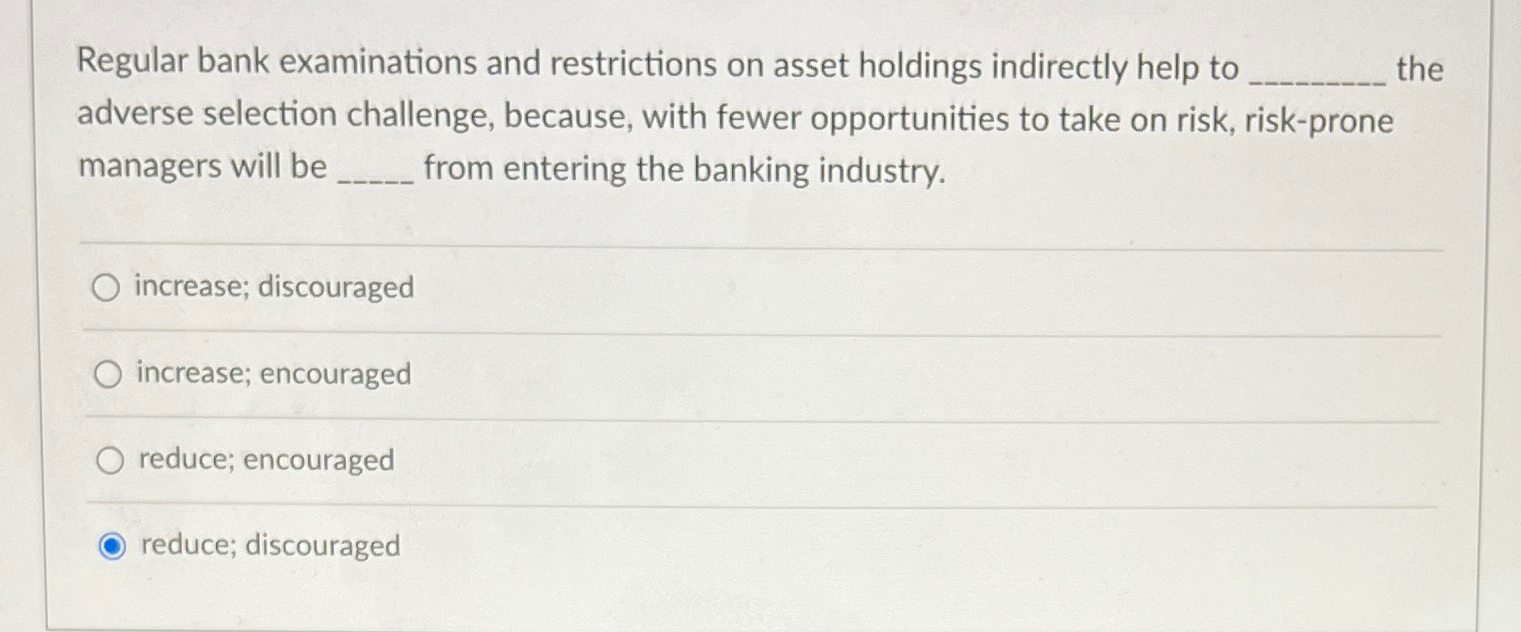 Solved Regular bank examinations and restrictions on asset | Chegg.com
