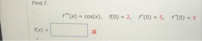 Solved Find f. f′′′(x)=cos(x),f(0)=2,f′(0)=5,f′′(0)=9 | Chegg.com