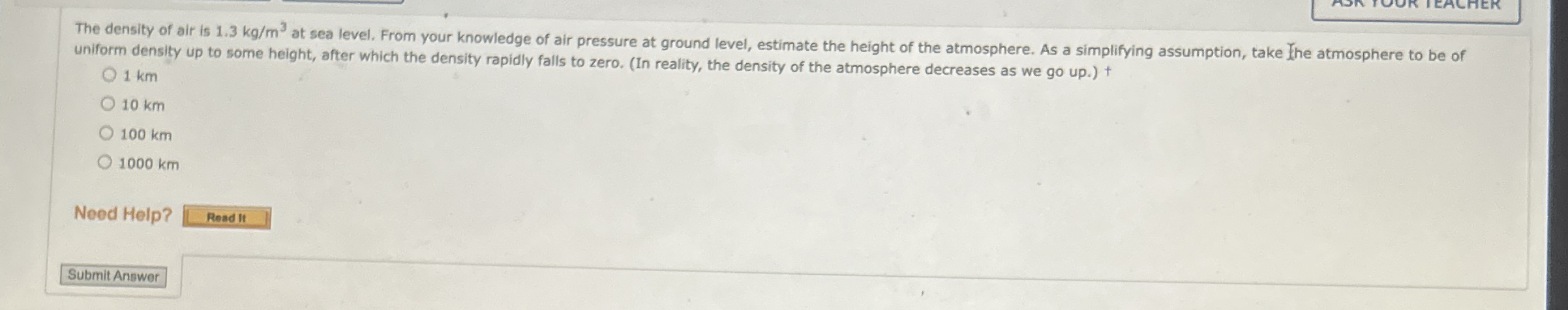 Solved The density of air is 1.3kgm3 ﻿at sea level. From | Chegg.com