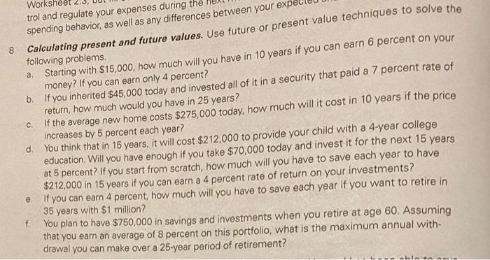 Solved C. Workshee trol and regulate your expenses during | Chegg.com