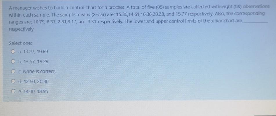 Solved A manager wishes to build a control chart for a | Chegg.com
