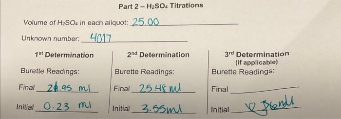 Part \( 2-\mathrm{H}_{2} \mathrm{SO}_{4} \) Titrations
Volume of \( \mathrm{H}_{2} \mathrm{SO}_{4} \) in each aliquot: \( 25.