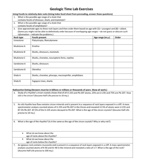 Solved Geologic Time Lab Exercises Using Fossils to