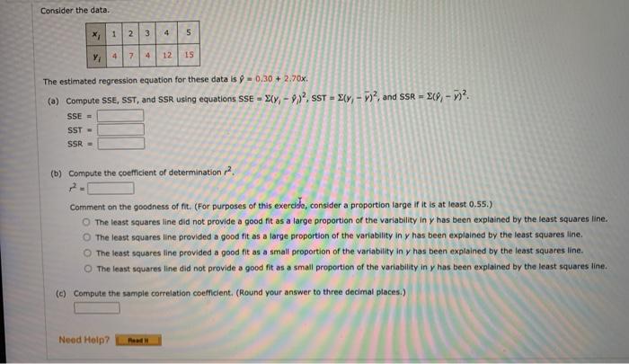 Solved Consider the data. 1 2 3 4 5 Y 4 7 4 12 15 The | Chegg.com
