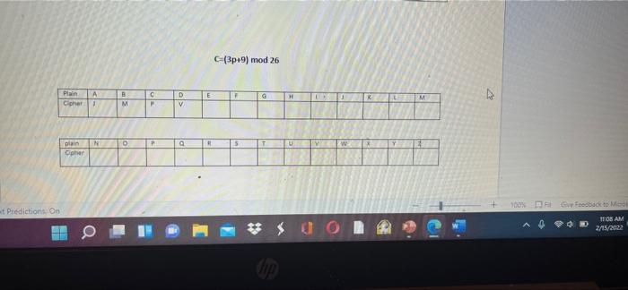 Solved (3p+9) mod 26 А O E F Plain Cipher B M D v H M P N 0 | Chegg.com