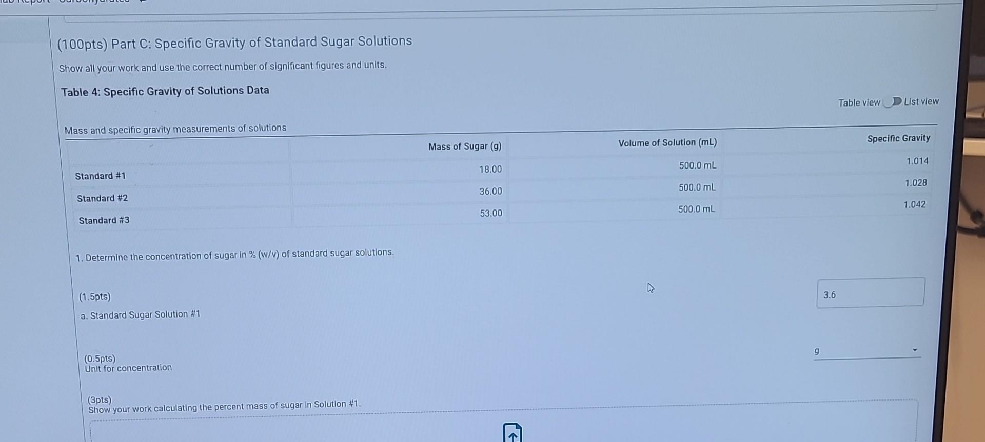 (100pts) Part C: Specific Gravity of Standard Sugar | Chegg.com