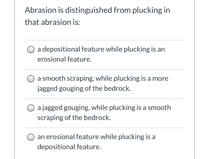 Solved Abrasion is distinguished from plucking in that | Chegg.com