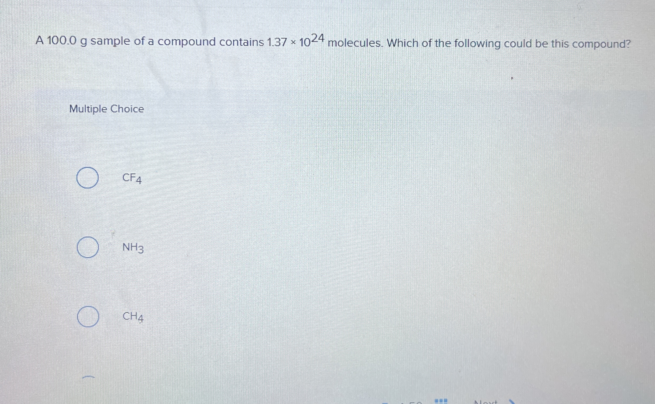 Solved A 100.0 ﻿g sample of a compound contains 1.37×1024 | Chegg.com