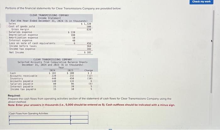 Solved Portions of the financial statements for Clear | Chegg.com