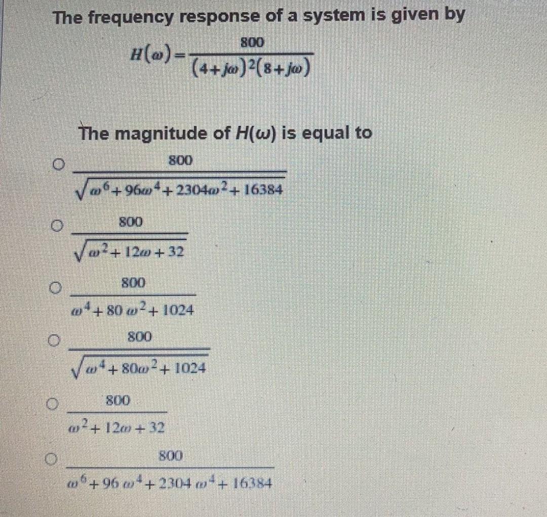 Solved The frequency response of a system is given by 800 | Chegg.com