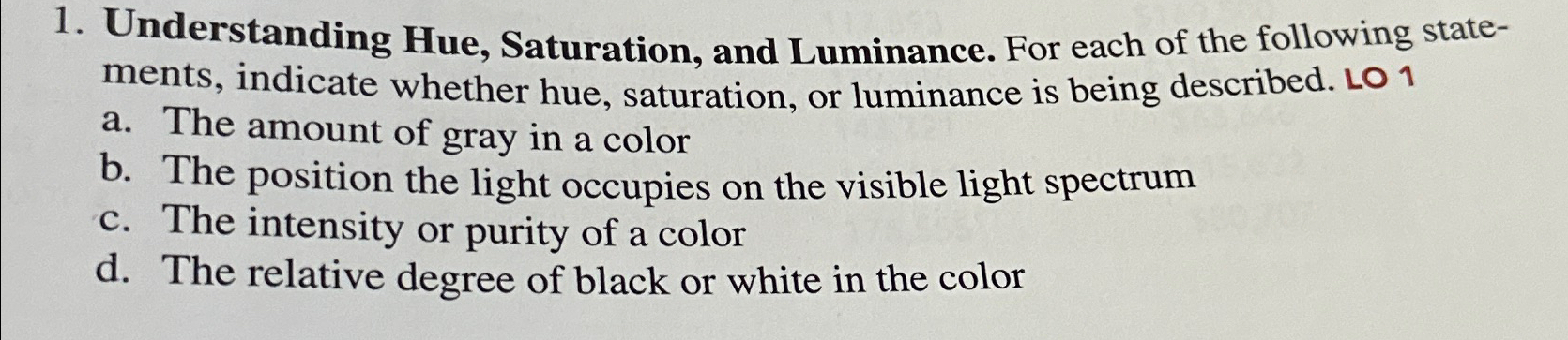 Solved Understanding Hue, Saturation, and Luminance. For | Chegg.com