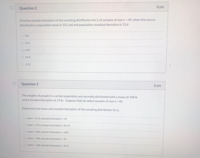 Solved 8 pts Question 2 U Find the standard deviation of the | Chegg.com