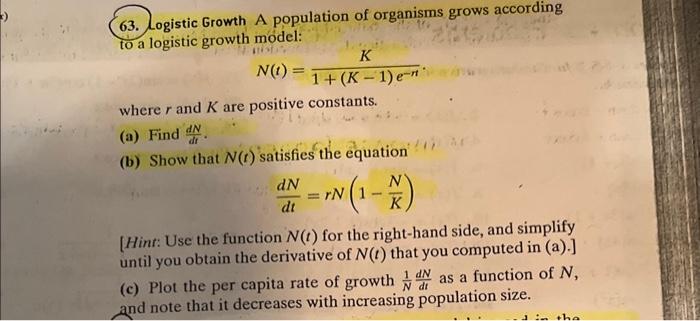 Solved 63. Logistic Growth A population of organisms grows | Chegg.com