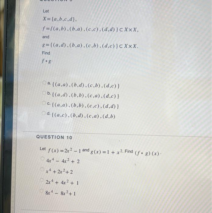 Solved Let X={a,b,c,d},f={(a,b),(b,a),(c,c),(d,d)}⊂X×X, And | Chegg.com