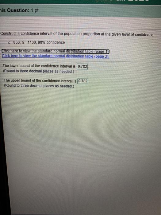 Solved mis Question: 1 pt Construct a confidence interval of | Chegg.com