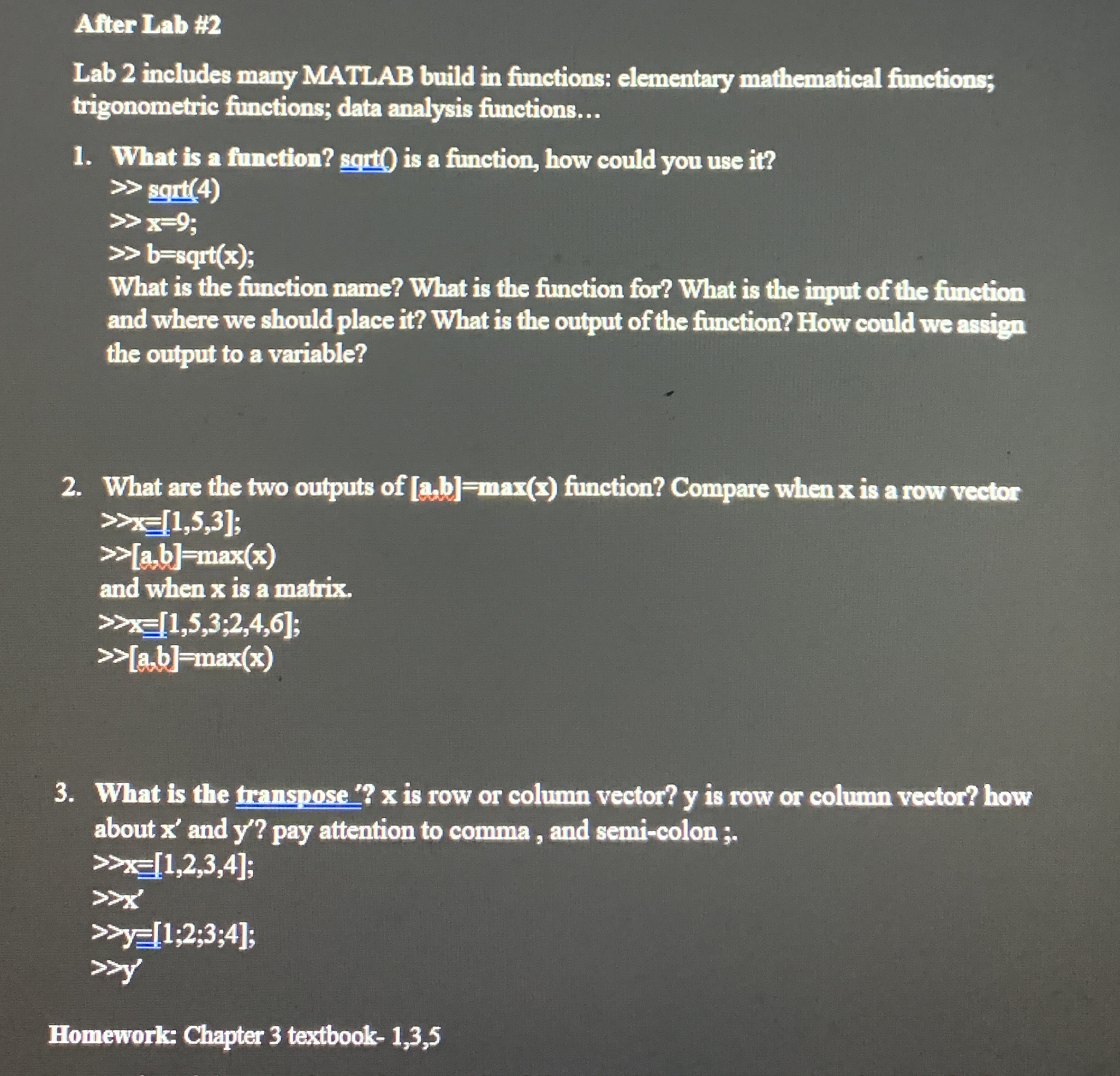 Solved After Lab 2Lab 2 ﻿includes many MATLAB build in