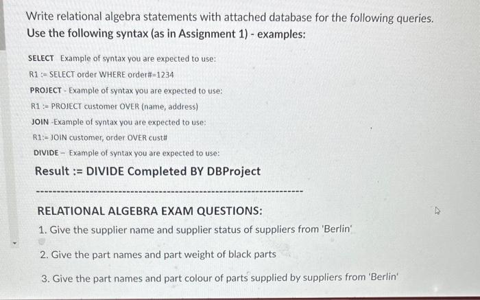 Solved Write relational algebra statements with attached | Chegg.com