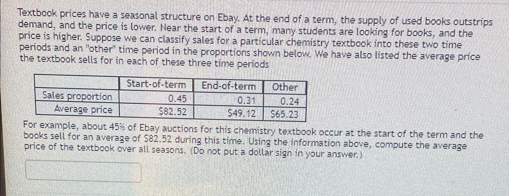 Solved Textbook prices have a seasonal structure on Ebay. At | Chegg.com