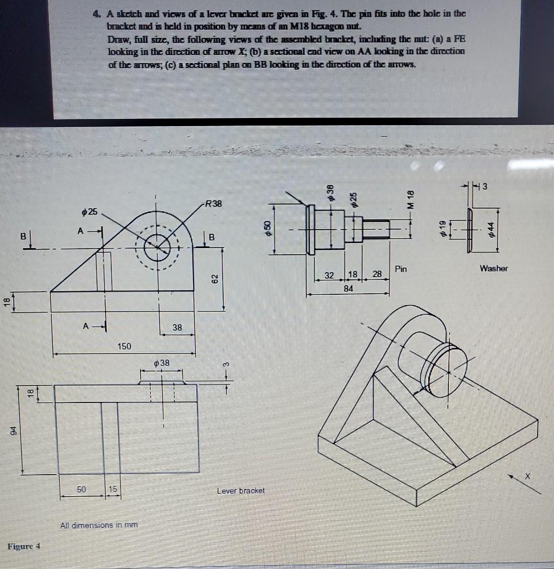 Solved 4. A sleeteh and viows of a lever brecket are given | Chegg.com