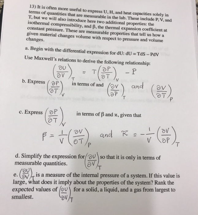 Solved 13 It Is Often More Useful To Express U H And H Chegg Com