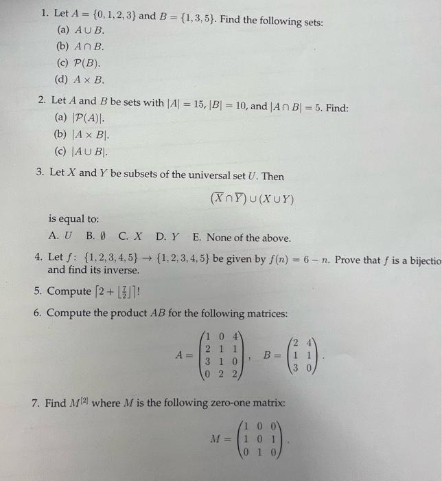 Solved = 1. Let A = {0, 1, 2, 3) And B = {1,3,5). Find The | Chegg.com