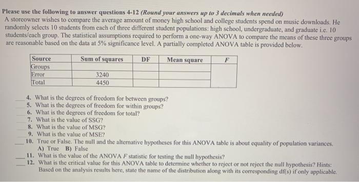 Solved Please use the following to answer questions 4-12 | Chegg.com