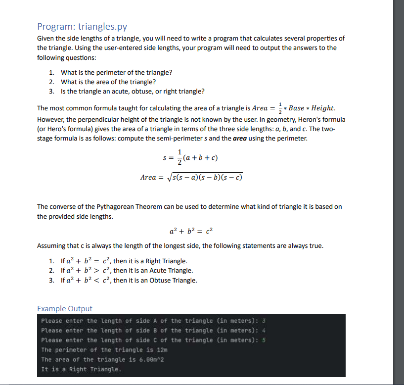 Solved Program: triangles.pyGiven the side lengths of a | Chegg.com