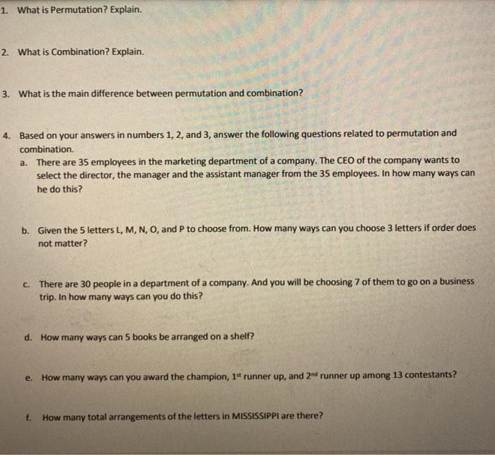 Solved 1 What Is Permutation Explain 2 What Is Combin Chegg Com